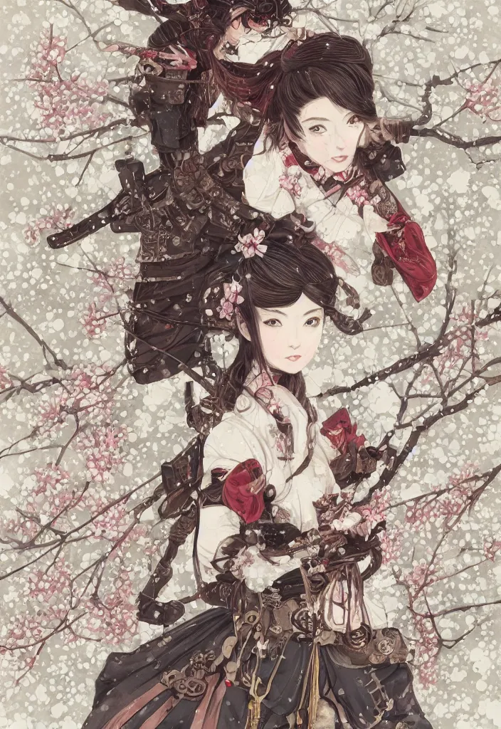 Image similar to detailed portrait of steampunk girl samurai with swords and steampunk rifles, in snow forest sakura cherry blossom, hakama kimono, trending on artstation elite, elegant, luxury, by krenz cushart, junji ito, takato yamamoto, perfect face, fine details, realistic shaded, fine - face, pretty face