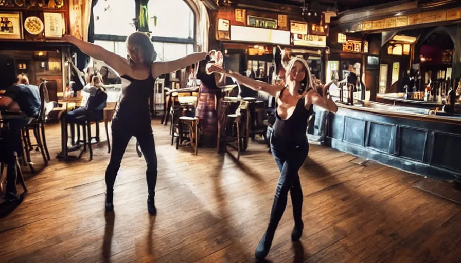 Prompt: a slender woman dinking and dancing in a pub