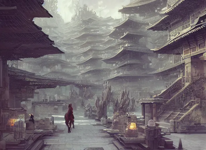 Prompt: A wide open courtyard in a beautiful elven city made of ivory, anime, Singaporean gets nuked and turned into a radioactive wasteland terraces, intricate, elegant, luxurious, digital painting, concept art, smooth, sharp focus, from Star Trek 2021, illustration, by WLOP and Ruan Jia and Mandy Jurgens and William-Adolphe Bouguereau, Artgerm