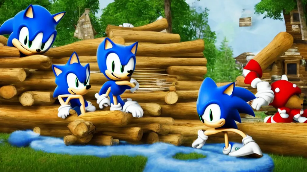 Image similar to A wholesome lively desktop background involving Sonic and his friends in a log cabin, surrounding a fire, sitting on a rug, talking and laughing, 4k, 8k, unrealengine, beautiful, amazing.