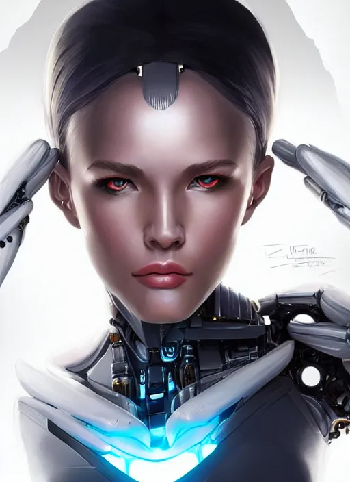 Image similar to portrait of a cyborg woman who turns her head to the right!! (((((left))))) (((((up))))) (((((down))))) by Artgerm,eyes closed , biomechanical, hyper detailled, trending on artstation