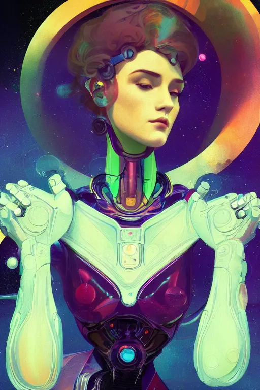 Image similar to A beautiful robotic woman dreaming, cinematic lighting, soft bokeh, sci-fi, modern, colourful, highly detailed, digital painting, artstation, concept art, sharp focus, illustration, by alphonse mucha