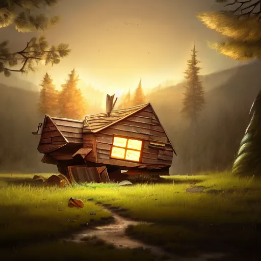 Image similar to a walking wood and metal house with two legs and two big eyes, rust, hyperrealistic, highly detailed, cinematic, single ray of sun, morning, pareidolia, gravity falls style, beautiful, cgssociety, artstation, 8 k, oil painting, digital art