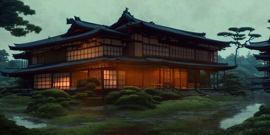 Image similar to twilight lighting, moody, atmospheric, solarpunk, old traditional japanese sleek modern mansion made of wood in a green garden, with a front porch, on the lonely hill by ghibli studio and victor ngai, ghost in the shell, akira, pixar highly detailed, 8 k h 5 7 6