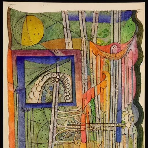 Image similar to musical score that holds a secret message, inspired by klee, bosch, durer. hyperdetailed color pen and ink intricate elaborate, collection of museum of modern art, new york