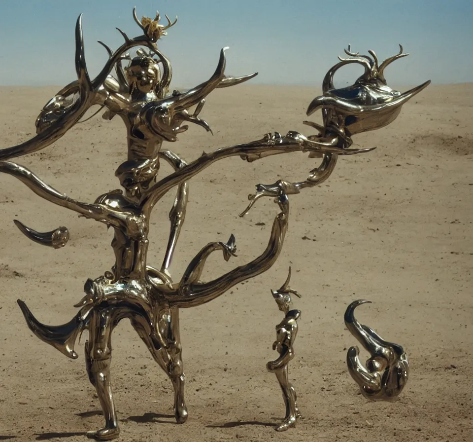 Image similar to salvador dali wearing a horned golden jewels crown in a dry sand desert landscape, alien spaceship by giger in the sky, film still from the movie by alejandro jodorowsky with cinematogrophy of christopher doyle and art direction by hans giger, anamorphic lens, kodakchrome, very detailed photo, 8 k