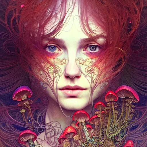 Image similar to Girl have a psychedelic experience, magic mushrooms, psilocybin, face, detailed, intricate, elegant, highly detailed, digital painting, artstation, concept art, smooth, sharp focus, illustration, art by Krenz Cushart and Artem Demura and alphonse mucha