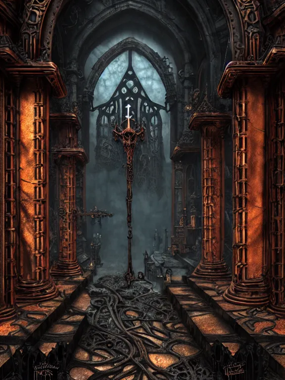 Image similar to steam necropolis, memento mori, gothic, neo - gothic, art nouveau, hyperdetailed copper patina medieval icon, stefan morrell, philippe druillet, ralph mcquarrie, concept art, steampunk, unreal engine, detailed intricate environment, octane render, moody atmospherics, volumetric lighting, ultrasharp, ominous, otherworldly