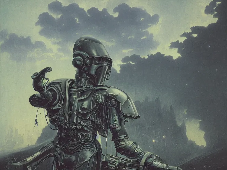 Prompt: a detailed profile painting of a bounty hunter in armour and visor, cinematic sci-fi poster. Cloth and metal. Welding, fire, flames, samurai Flight suit, accurate anatomy portrait symmetrical and science fiction theme with lightning, aurora lighting clouds and stars. Clean and minimal design by beksinski carl spitzweg giger and tuomas korpi. baroque elements. baroque element. intricate artwork by caravaggio. Oil painting. Trending on artstation. 8k