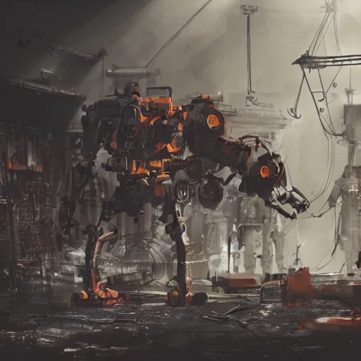 Image similar to cutlery mecha, dark messy smoke - filled cluttered workshop, dark, dramatic lighting, orange tint, cinematic, highly detailed, sci - fi, futuristic, movie still