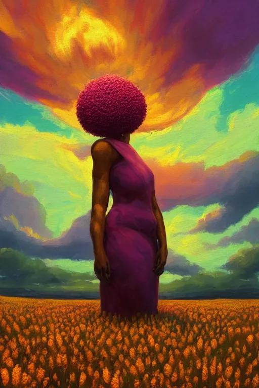 Prompt: closeup, giant flower the head, african woman in heather field, surreal photography, golden hour, colorful clouds, impressionist painting, digital painting, artstation, simon stalenhag
