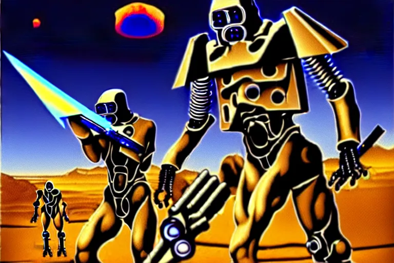 Image similar to cybernetic evil warzone bladed weapons razor projectiles humanoids goin stupid, desert scene