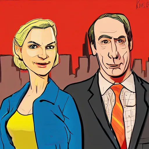 Prompt: kim wexler and saul goodman, cartoon concept art, trending on artstation, high quality