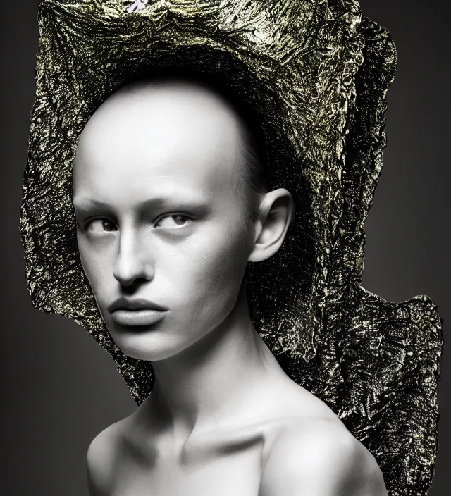 Prompt: photography face portrait of one female fashion model in rainforest, wearing one organic futurist cape designed by iris van herpen,, photography by paolo roversi nick knight, helmut newton, avedon, and araki, sky forest background, natural pose, highly detailed, skin grain detail