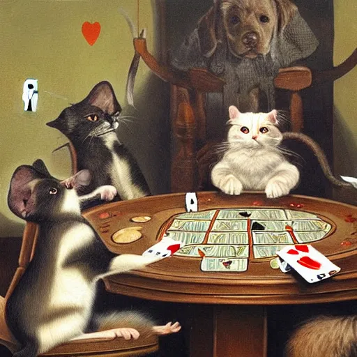 Prompt: painting of Dog, Cat, Rat holding playing cards sitting at a round table