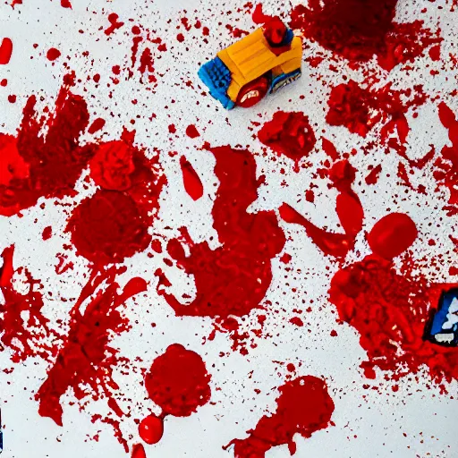 Image similar to photo of a lego set splattered with blood, shiny dark red blood splatter