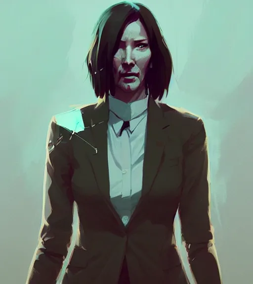 Prompt: portrait of a female john wick by atey ghailan, by greg rutkowski, by greg tocchini, by james gilleard, by joe fenton, by kaethe butcher, dynamic lighting, gradient light blue, brown, blonde cream and white color scheme, grunge aesthetic