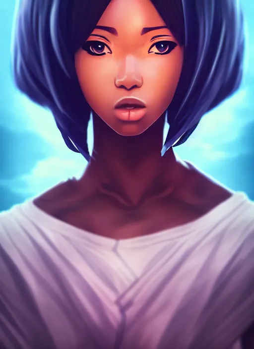 Prompt: attractive female portrait of african ninja, cloud background, uplight, symmetrical!!, anime, prism highlights, depth of field, cinematic, filmic, vsco, concept art, artstation, digital painting, elegant, epic, focus