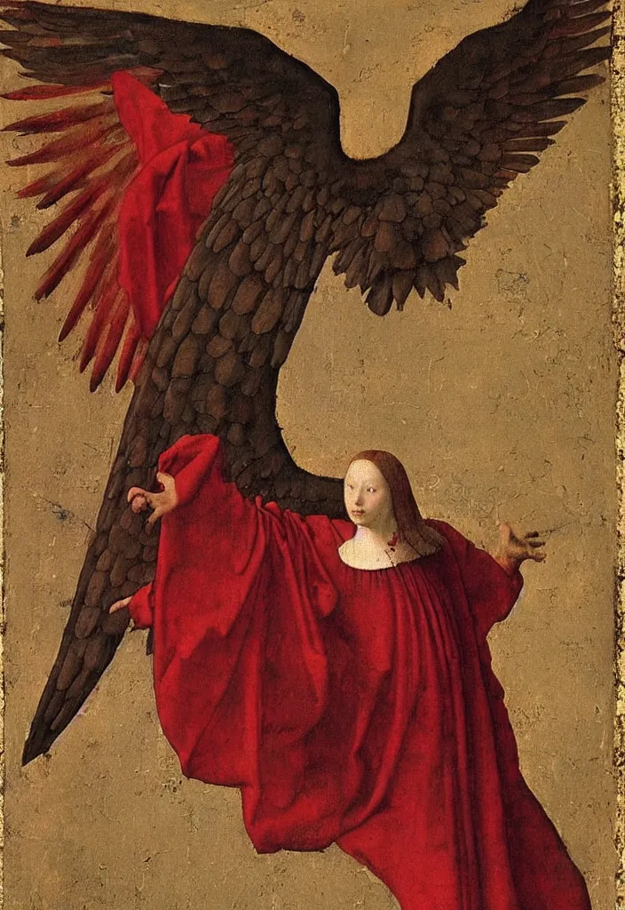 Image similar to Flying Fallen Angel with wings dressed in red, Medieval painting by Jan van Eyck, Johannes Vermeer, Florence