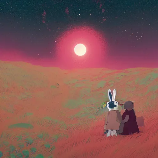 Image similar to A rabbit full of hope, looking for a black hole in an infinite time loop by Victo Ngai and Ghibli andlisk feng and atey ghailan