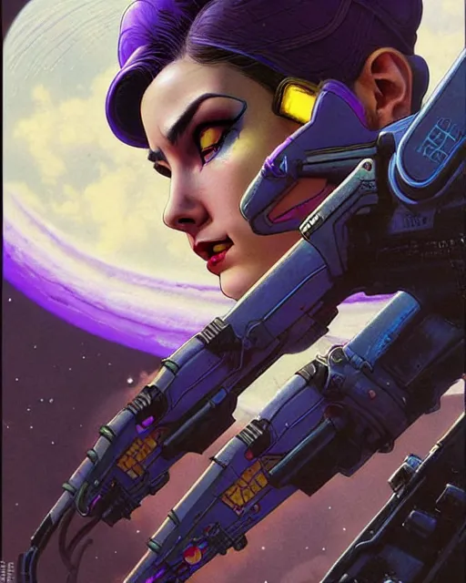 Prompt: widowmaker from overwatch, character portrait, portrait, close up, concept art, intricate details, highly detailed, vintage sci - fi poster, retro future, in the style of chris foss, rodger dean, moebius, michael whelan, and gustave dore