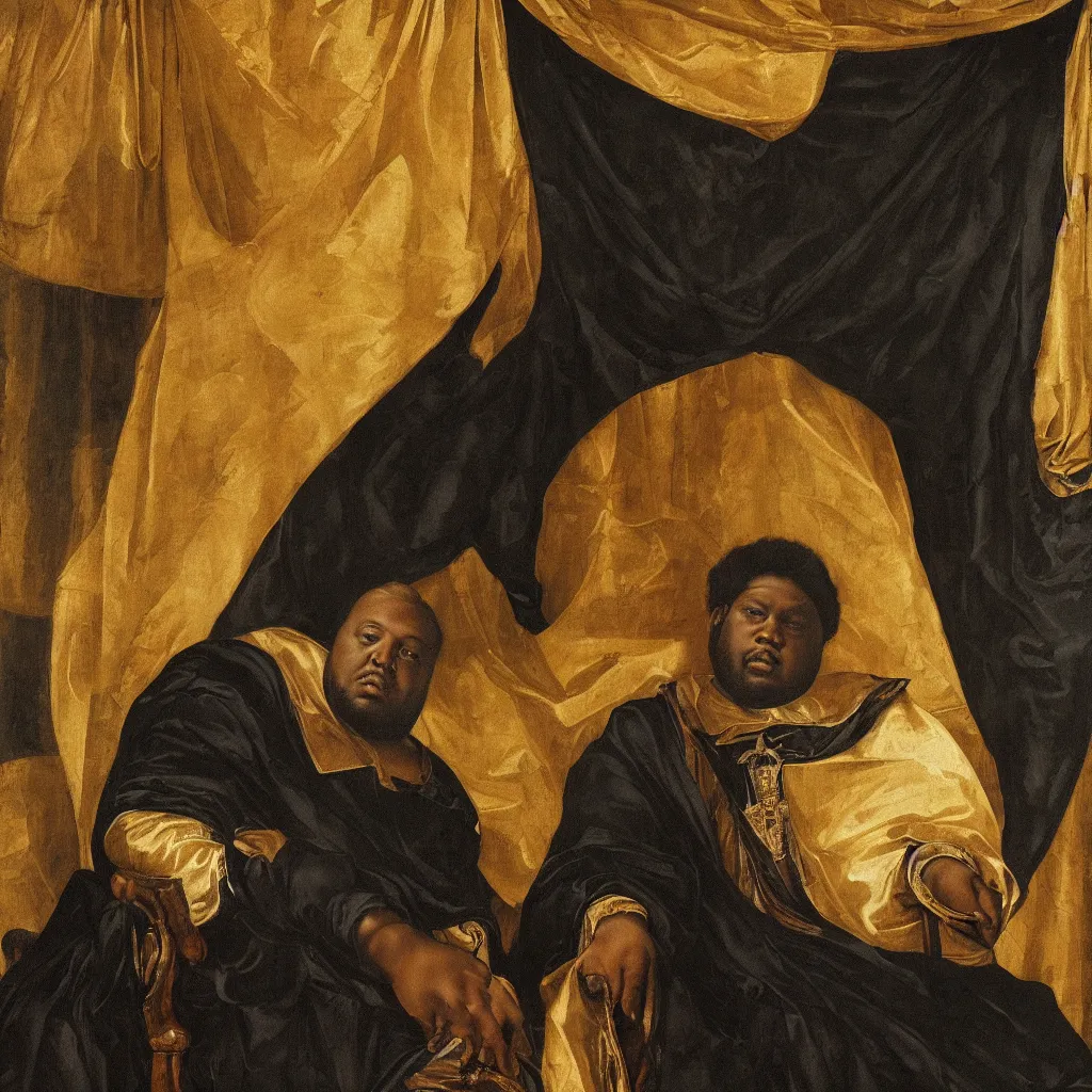 Image similar to Large black man sitting on throne wrapped in silk, background made of large folding curtains, dimly lit, dark, renaissance painting, style of carrivagio