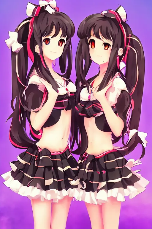 Image similar to two beautiful female idols with twin tails standing chest to chest, anime game art