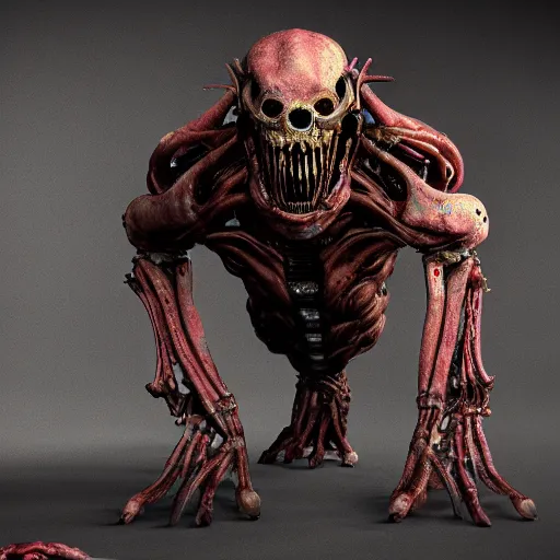 Image similar to a biomechanical horror, half creature half machine, DOOM inspired, realistic octane render