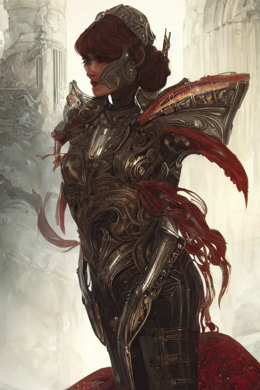 Image similar to portrait knights of Zodiac girl, metallic black and reddish reflected armor, in ruined Agora of Athens, ssci-fi, fantasy, intricate, very very beautiful, elegant, highly detailed, digital painting, artstation, concept art, smooth, sharp focus, illustration, art by tian zi and WLOP and alphonse mucha