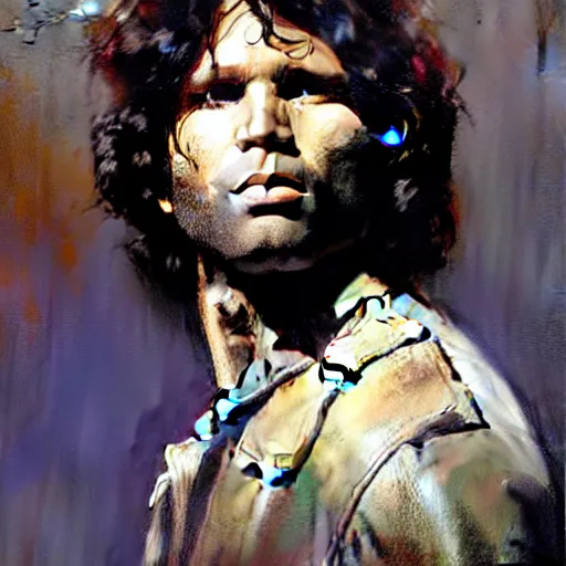 Prompt: portrait of jim morrison, detailed face, detailed painting, epic lighting, by ilya repin, phil hale and kent williams