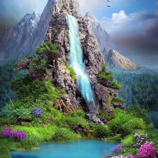 Prompt: photorealistic fantasy digital art depicting a very - distant aerial view of : at the peak of the world's tallest mountain is a small pond. a waterfall is falling from the pond down to the base of the mountain into a lake. the waterfall is unbelievably tall, and the mountain is extremely steep and narrow. there is a city surrounding the lake.