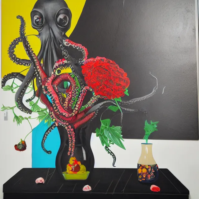 Prompt: empty room with black walls, sensual portrait of a female pathologist, broken vase of flowers and water, octopus, squashed berries, neo - expressionism, surrealism, acrylic and spray paint and oilstick on canvas