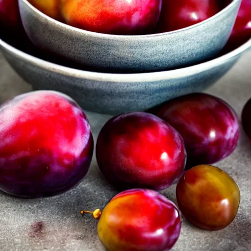 Image similar to a bowl filled with freshly picked plums. volumetric lighting. 4 k