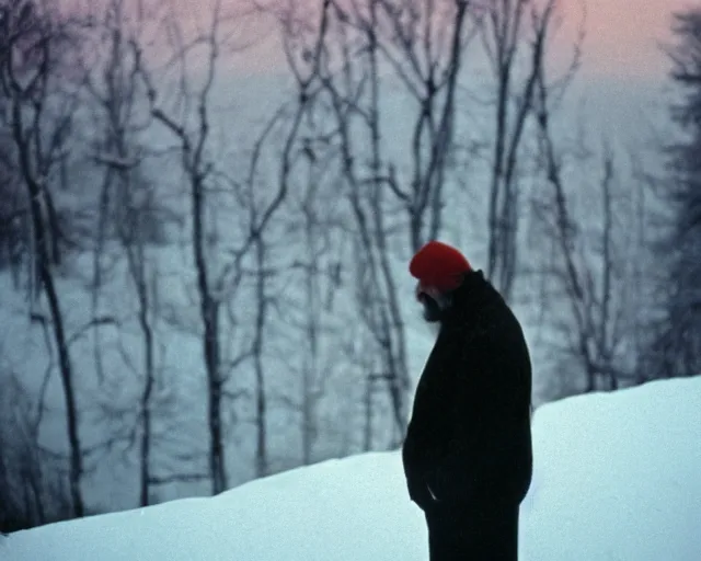 Prompt: lomographic tarkovsky film still of 4 0 years russian man with beard and sweater standing on small hrushevka 9 th floor balcony full with cigarette smoke in winter taiga looking at sunset, cinestill, bokeh