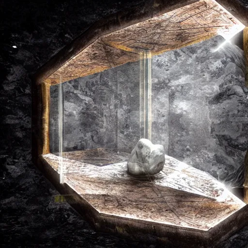 Image similar to a huge crystal with an human inside, placed in a mystic ruin