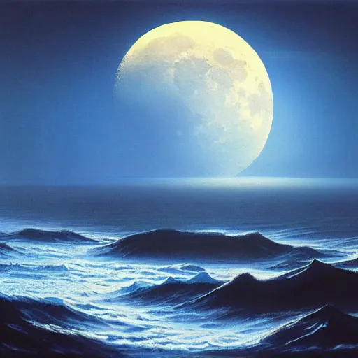 Image similar to soothing moon illusion azure ocean night, in the style of bruce pennington and jeff easley, 8 k resolution