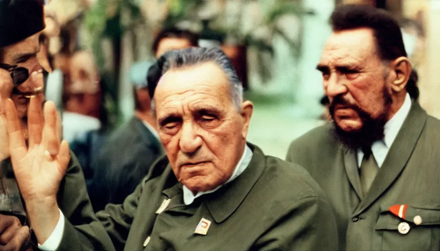 Prompt: 60s movie still close-up portrait of Josip Broz Tito chilling with Fidel Castro, cinestill 800t 120mm eastmancolor, cinematic, very detailed, skin texture, high quality