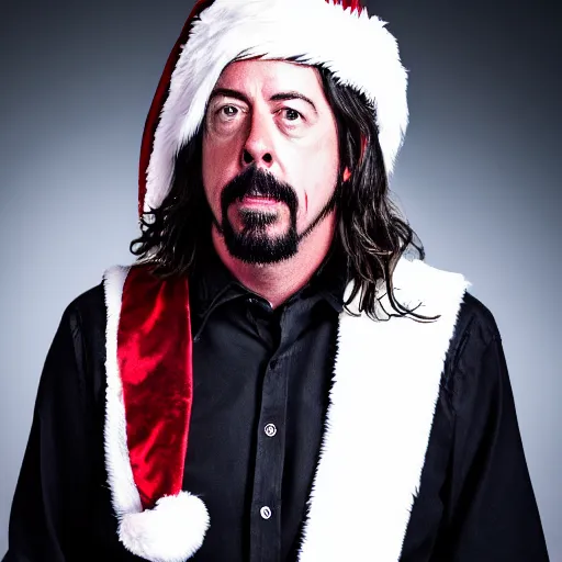 Image similar to portrait of dave grohl as santa claus, studio lighting, dramatic lighting, clear photography, high quality studio photography. 8 k cinematic colors