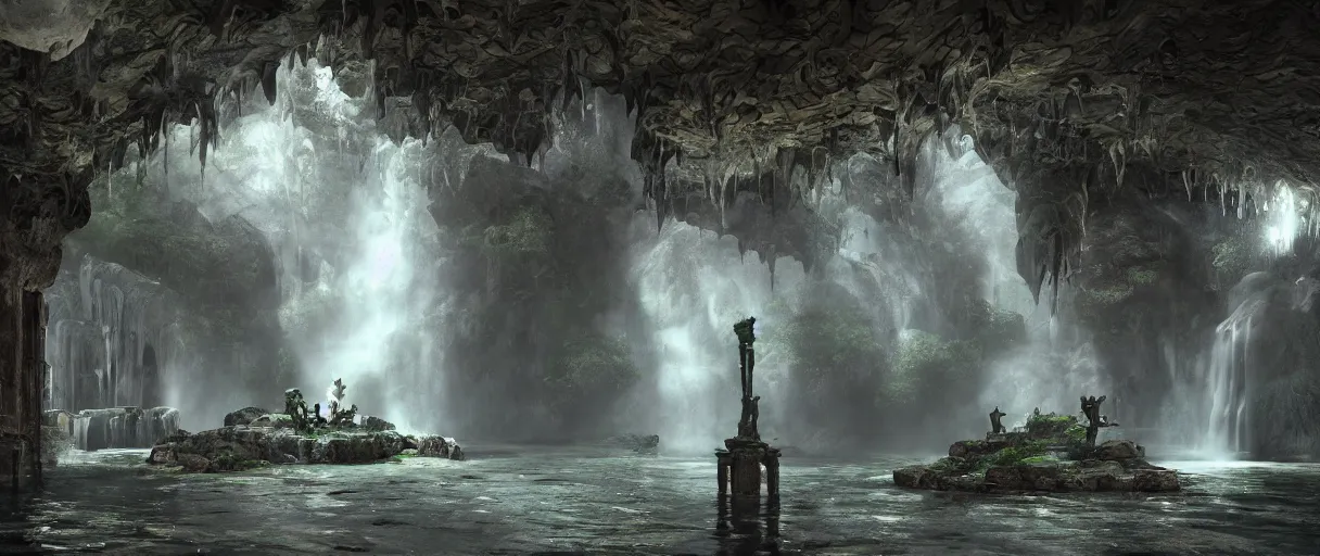 Prompt: a fantasy elven hall interior in the style of a waterfall cave, huge Greek statues, wet floors, high ceiling, dark moody lighting, foggy atmosphere, bright colors, by Denis Villeneuve, octane rendering