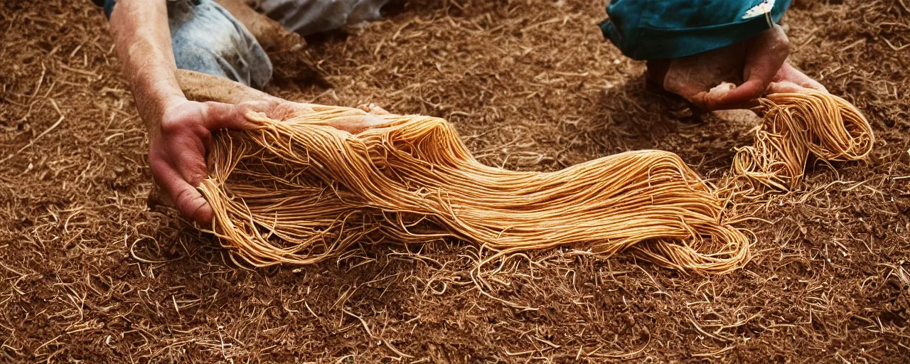 Prompt: tight angle of harvesting ripe spaghetti out of the dirt on the farm, small details, intricate, canon 5 0 mm, high detail, intricate, cinematic lighting, photography, wes anderson, film, kodachrome