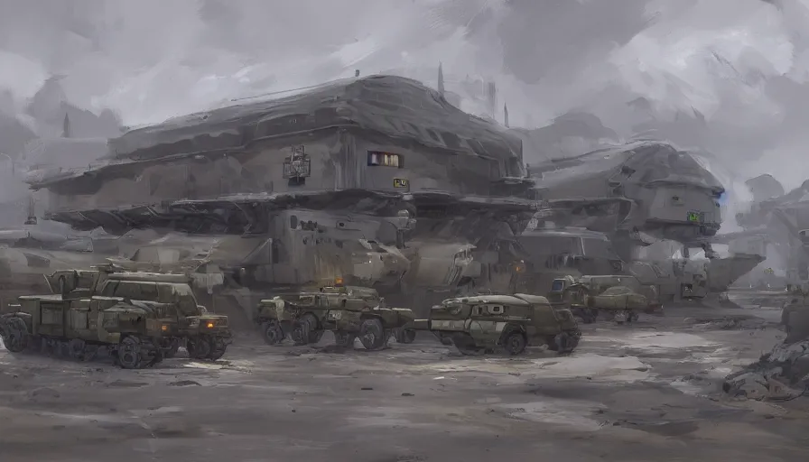 Image similar to concept art of modular military base, oil painting by jama jurabaev, brush hard, artstation, for aaa game, high quality, brush stroke