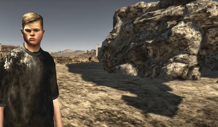 Image similar to Yung Lean in a cutscene from Fallout New Vegas, wide shot, low angle, screenshot