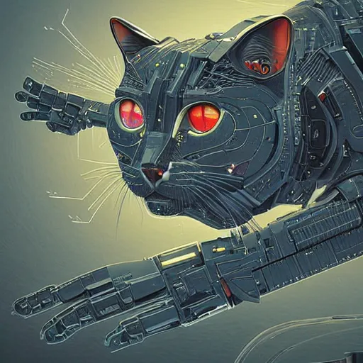 Prompt: A cyborg cat, realistic, sharp focus, 8k high definition, insanely detailed, intricate, elegant, art by James Gilleard