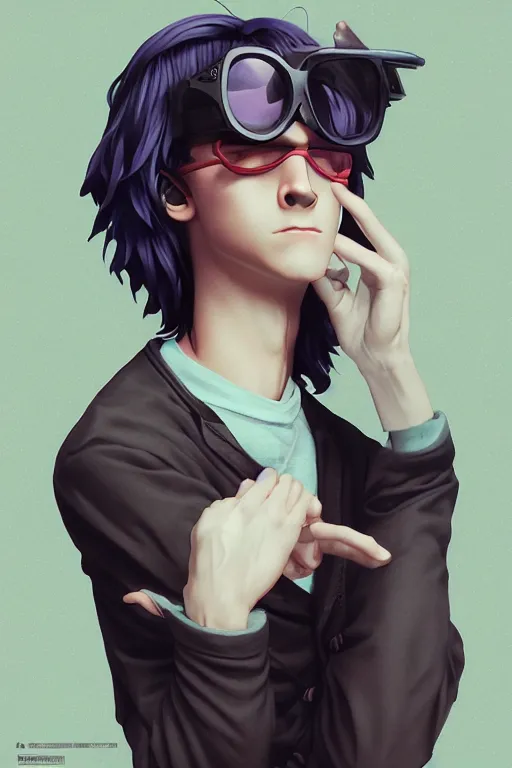 Prompt: vaporwave, sad goth geeky boy, straight on, by artgerm, jamie hewlett, tom bagshaw, gerald brom, 4 k, smooth, hd, substance designer render, full body character concept art,