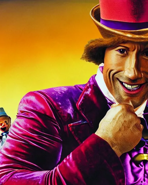 Image similar to Film still close-up shot of Dwayne Johnson as Willy Wonka from the movie Willy Wonka & The Chocolate Factory. Photographic, photography