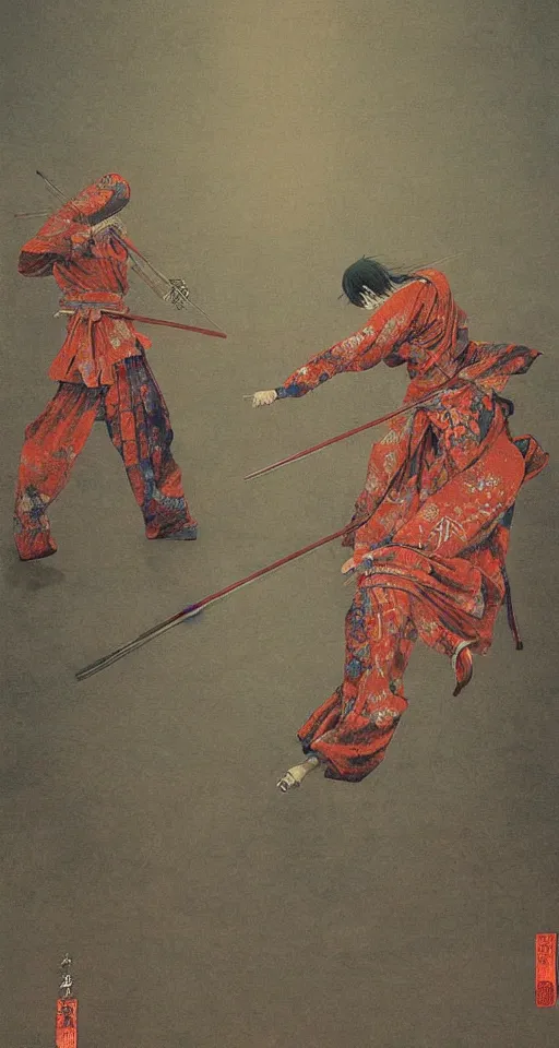 Image similar to Japanese schoolgirl runs away from Samurai with a katana on the subway, high detailed Beksinski painting, part by Adrian Ghenie and Gerhard Richter. art by Takato Yamamoto. masterpiece, deep colours, red