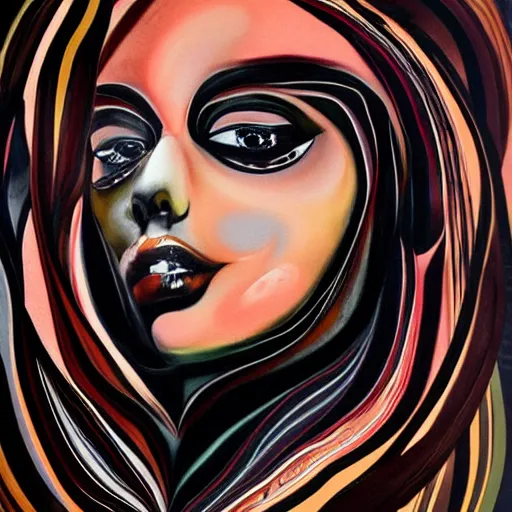 Image similar to abstract art with swirly black liquid acrylic paint and beautiful female face, beautiful color composition, warm colors, black details, sculpture, dark mood