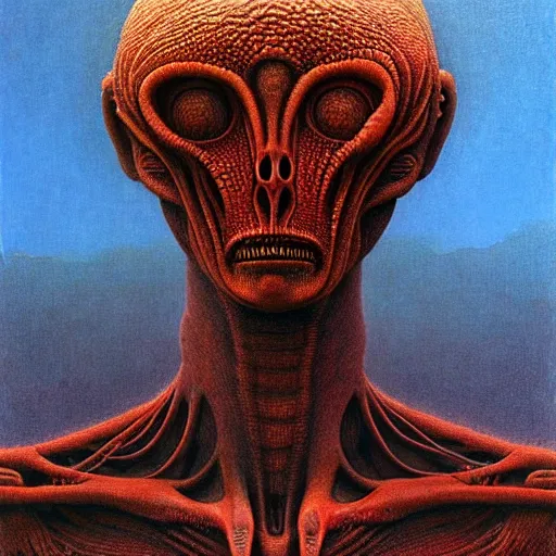 Image similar to alien man, full body, portraiture, painted by Beksiński, 4k, intricate details