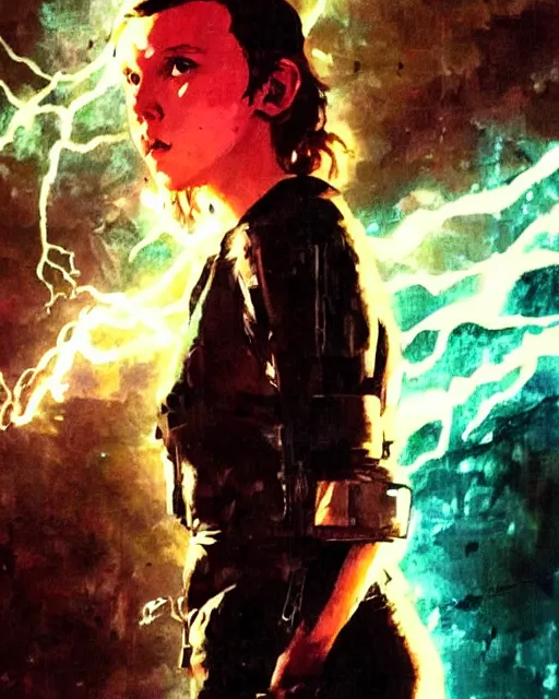 Image similar to Portrait of Millie Bobby Brown in a jungle of lightning by Yoji Shinkawa