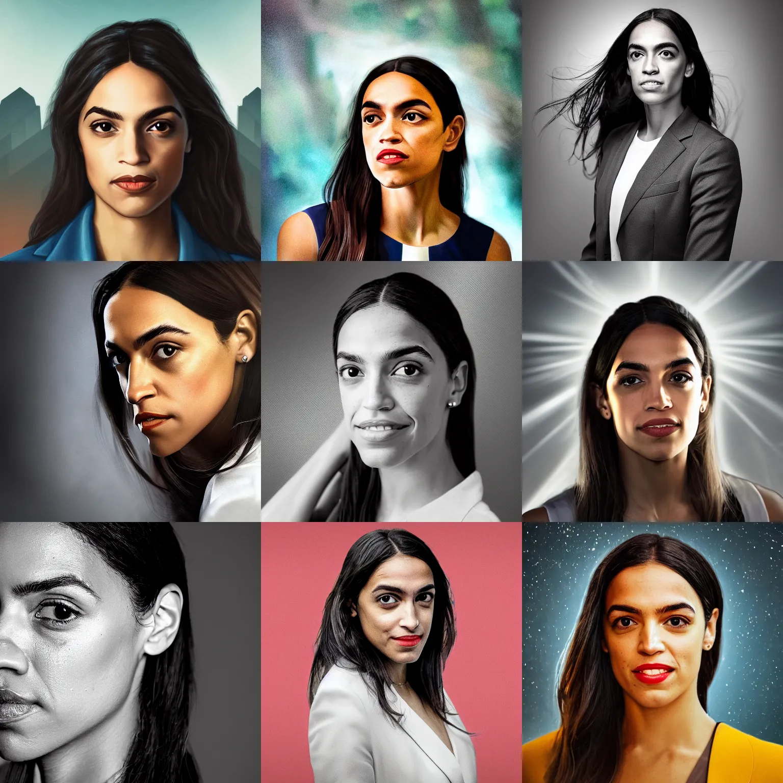 Prompt: Portrait of Alexandria Ocasio-Cortez, amazing splashscreen artwork, splash art, head slightly tilted, natural light, elegant, intricate, fantasy, atmospheric lighting, cinematic, matte painting